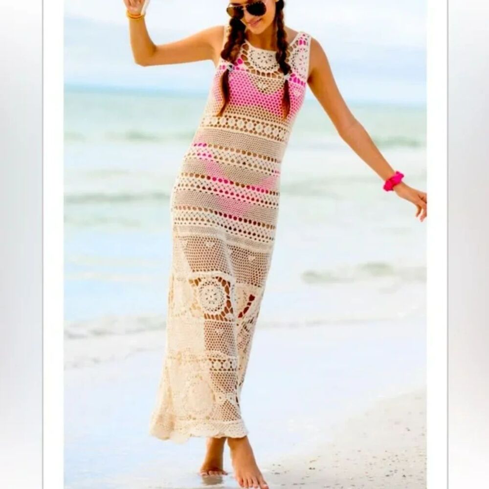 Altar'd State Pensacola Crochet Cream Maxi Dress Cover Up Sleeveless Size L/XL - Picture 8 of 9